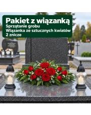 Mycie grobu z czerwoną wiązanką i 2 zniczami
