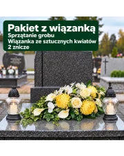 Mycie grobu z żółtą wiązanką i 2 zniczami