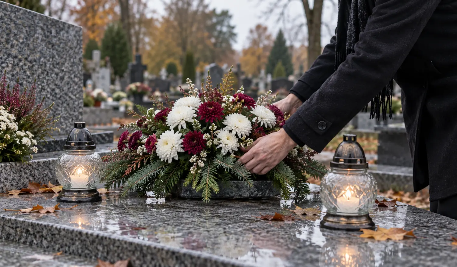 Osoba stabilizująca stroik i znicze na grobie przed jesienną pogodą