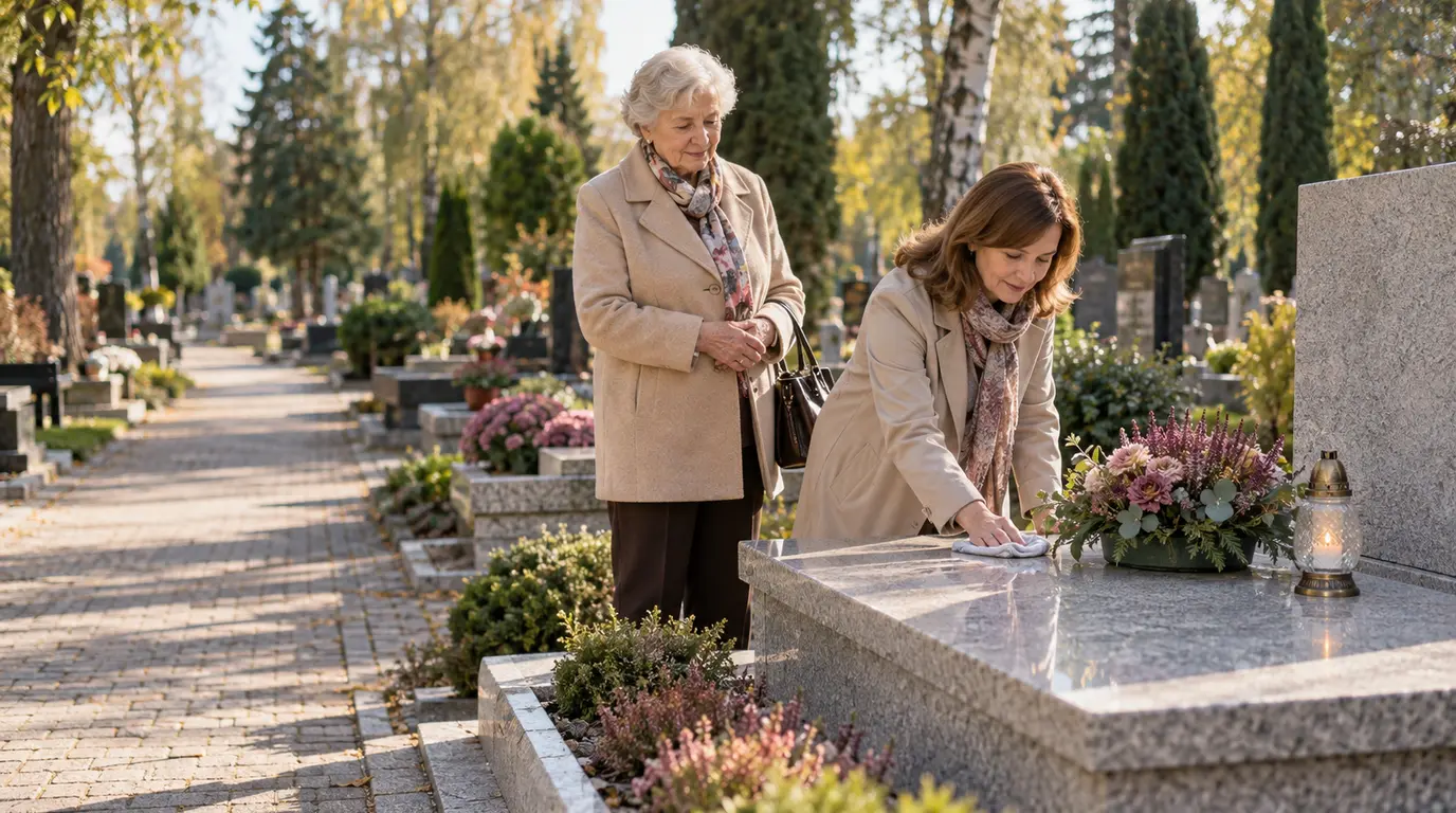 Starsza kobieta przy grobie, podczas gdy bliska osoba delikatnie porządkuje nagrobek
