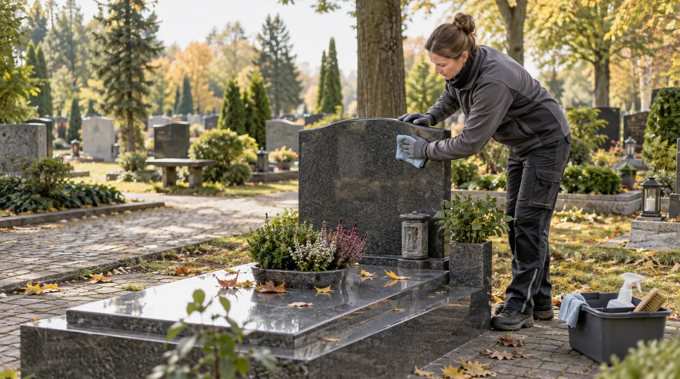 Osoba porządkująca grób w ramach zaplanowanej całorocznej opieki