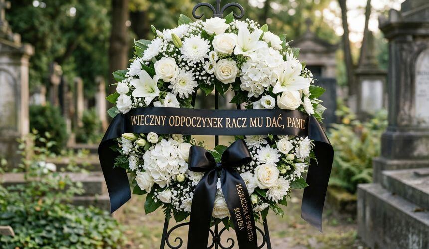 szarfa pogrzebowa na eleganckim wieńcu pogrzebowym