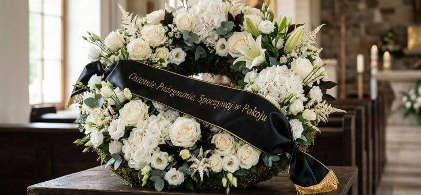szarfa pogrzebowa przy wieńcu pogrzebowym