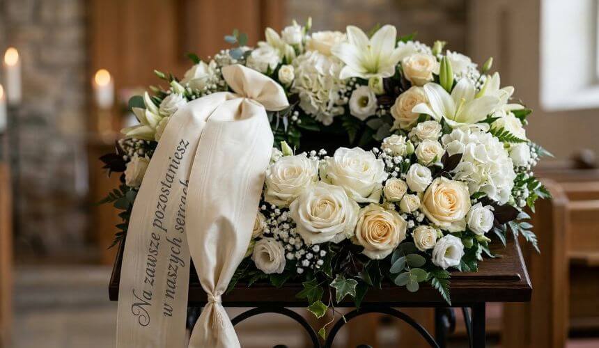 szarfa pogrzebowa przy wieńcu na pogrzeb świecki