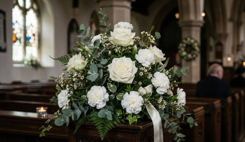 wiązanka i wieniec pogrzebowy z róż, lilii i chryzantem