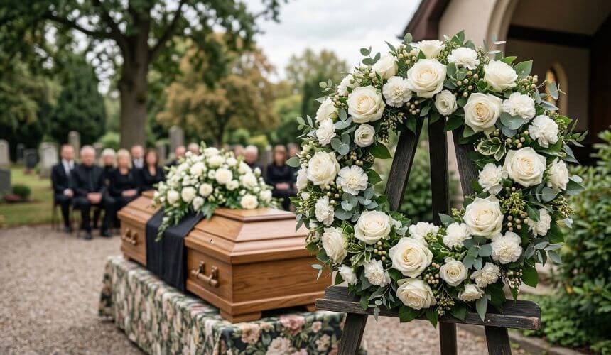 elegancki wieniec pogrzebowy z żywych kwiatów podczas ceremonii pogrzebowej