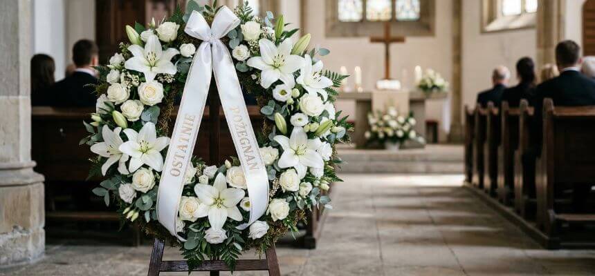 wieniec pogrzebowy z żywych kwiatów na ceremonię pogrzebową