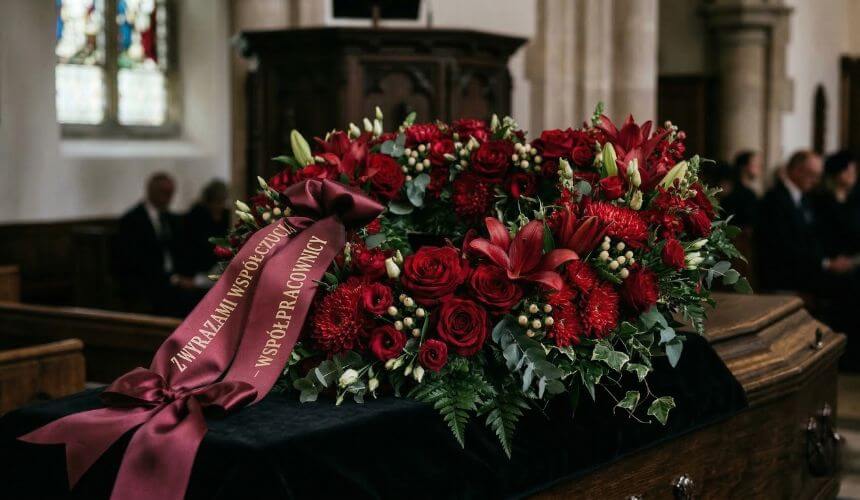 elegancki wieniec pogrzebowy z szarfą i napisem