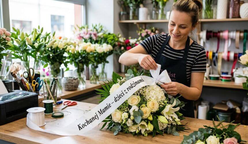 szarfa pogrzebowa przy wiązance i wieńcu pogrzebowym